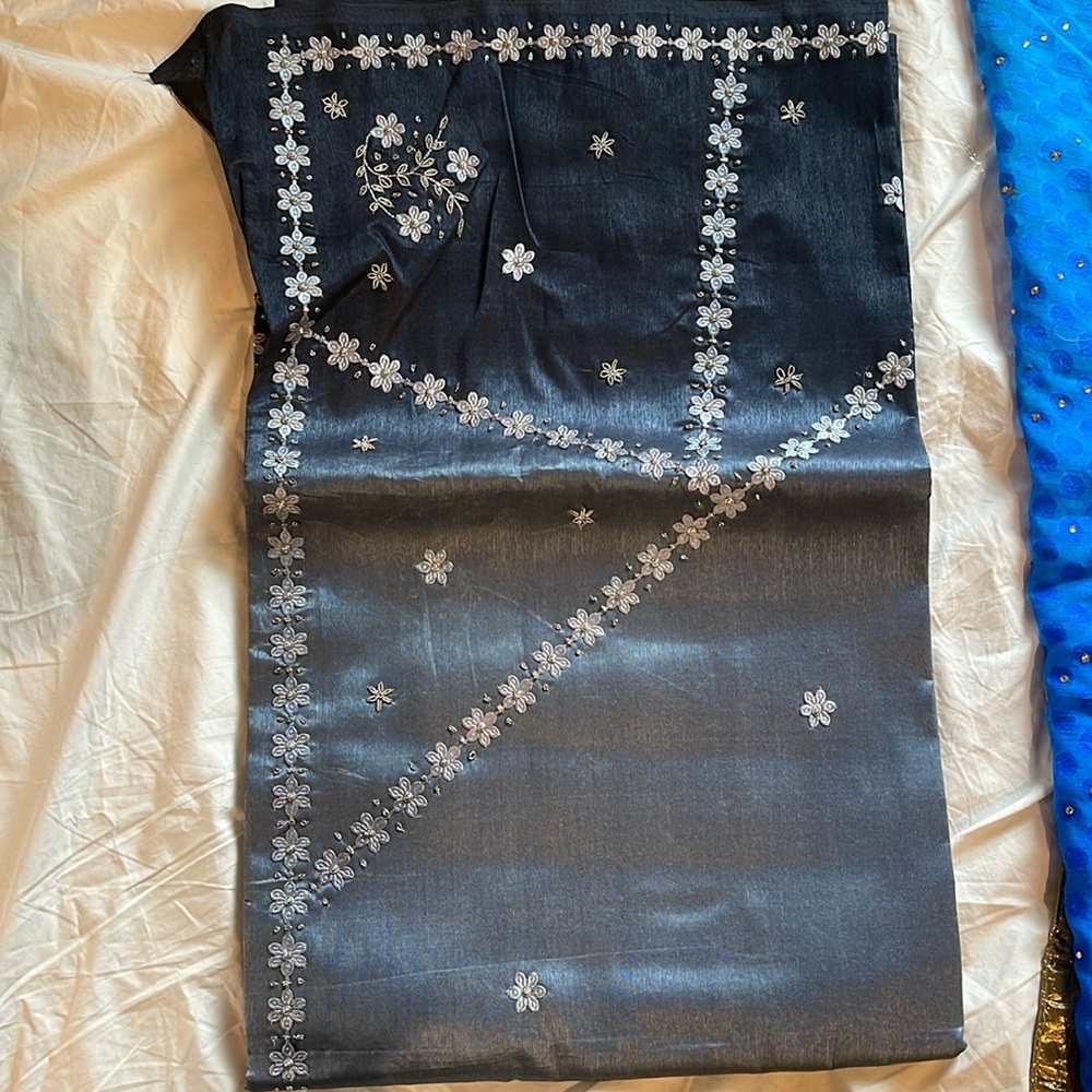 Gray sari with floral work